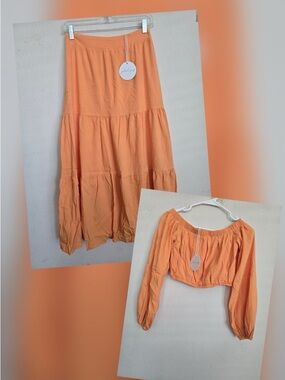 Petal & Pup Peach Tiered Maxi Skirt with Cropped Off-Shoulder Top